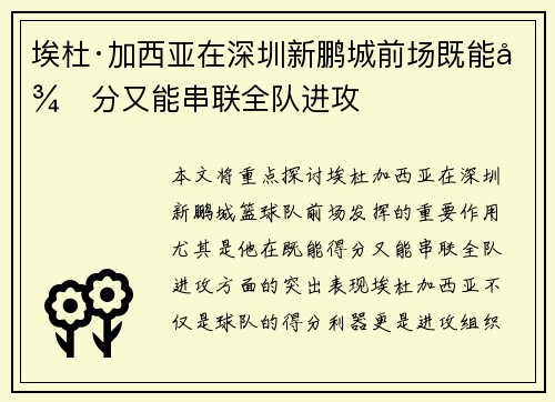 埃杜·加西亚在深圳新鹏城前场既能得分又能串联全队进攻